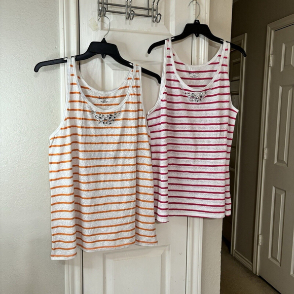 1X Lane Bryant 2 Stretchy Lace Striped Tanks W Clear Jeweled Neck - Picture 2 of 8